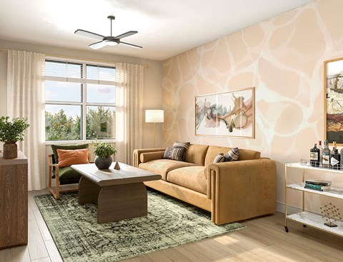 a living room with a couch and a table